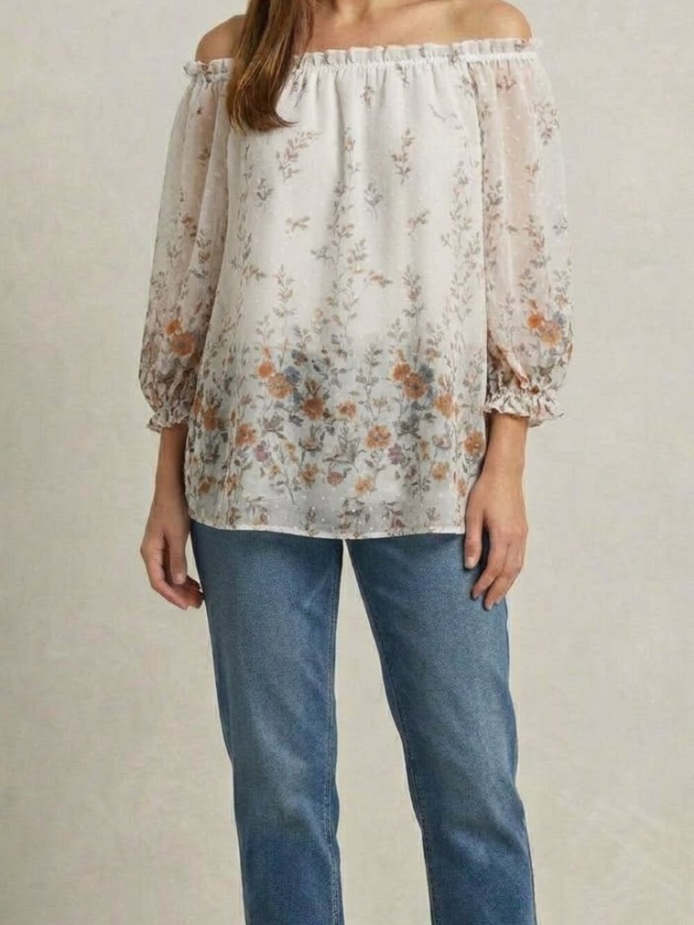 Orchid Haze Floral Swiss Dot Off-The-Shoulder Peasant Blouse - Size L